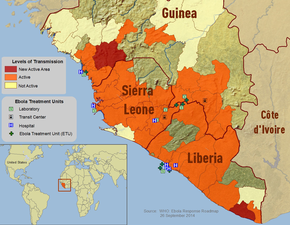 2014 West African Ebola outbreak distribution map. The current outbreak is located mainly in the West African countries of Guinea, Sierra Leone and Liberia. Image courtesy of the Centers for Disease Control and Prevention/World Health Organization.