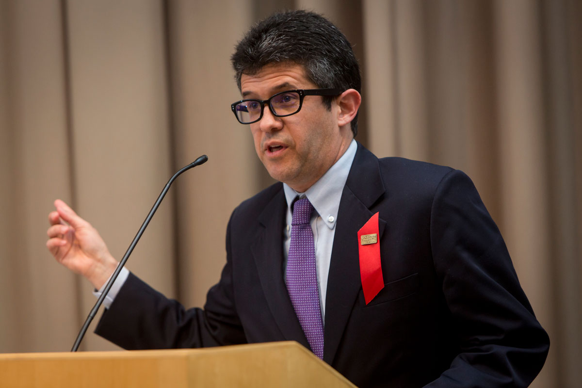 Joaquin Barnoya, MD, speaks at the Distinguished Faculty Awards ceremony. He was awarded a Distinguished Community Service Award at the event.