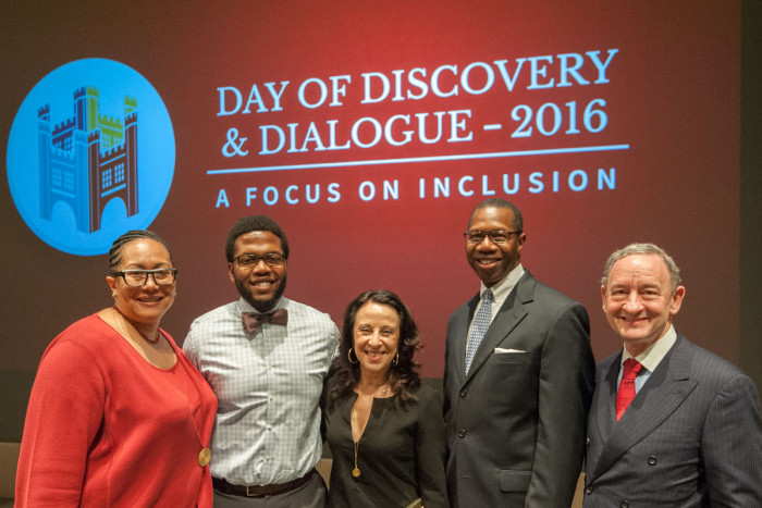 Lawrence Benjamin was among those who led discussions on diversity and inclusion during Washington University's Day of Discovery & Dialogue in February. From the left are: Vice Provost Adrienne Davis; Benjamin; Maria Hinojosa, award-winning NPR and PBS journalist; Will Ross, MD, associate dean for diversity; and Chancellor Mark S. Wrighton.