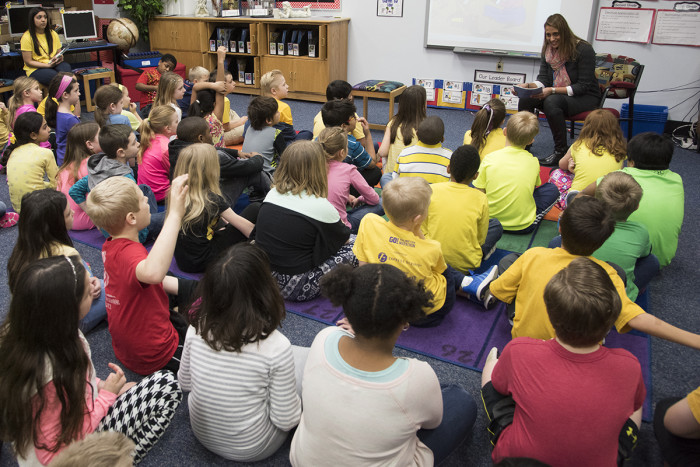 Mini Tandon answers questions from students at Barretts Elementary School in St. Louis County. 