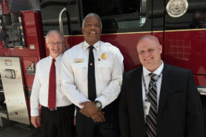 The St. Louis Fire Department and Washington University partnered in a training program in late June on the Medical Campus. From the left are Bruce Backus of the Office of Environmental Health and Safety; Deputy Chief and Fire Marshal Charles Coyle of the fire department; and Ty Davisson, emergency management program director with the School of Medicine's Facilities Management Department. 