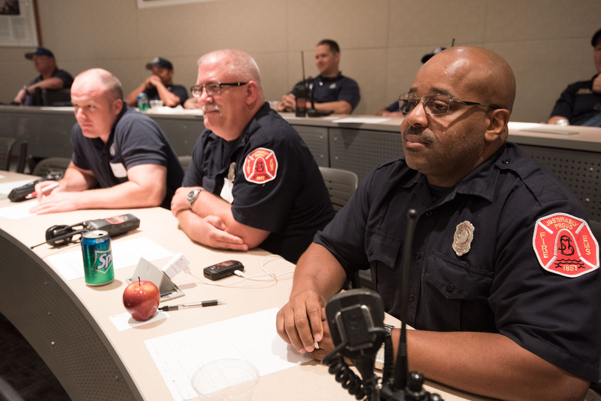 St. Louis city firefighters participate in a training session on the Medical Campus. In the front row are (from left) Patrick Hecht, Robert Komorowski and Calvin Stewart.