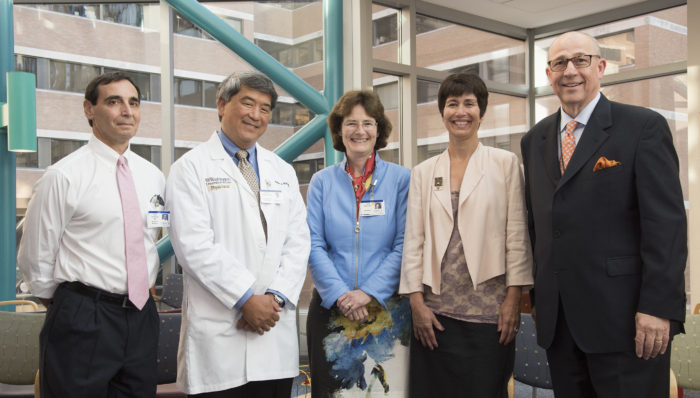 Leaders at St. Louis Children’s Hospital and Siteman Cancer Center announced Siteman Kids at St. Louis Children’s Hospital to faculty and staff on Sept. 19. Pictured are (from left): Gary Silverman, MD, PhD, head of the Department of Pediatrics at Washington University School of Medicine; Robert Hayashi, MD, director of the Division of Pediatric Hematology and Oncology at the School of Medicine; Joan Magruder, president of St. Louis Children's; Karen Kharasch, executive director of research and business administration at Siteman; and Timothy Eberlein, MD, director of Siteman.