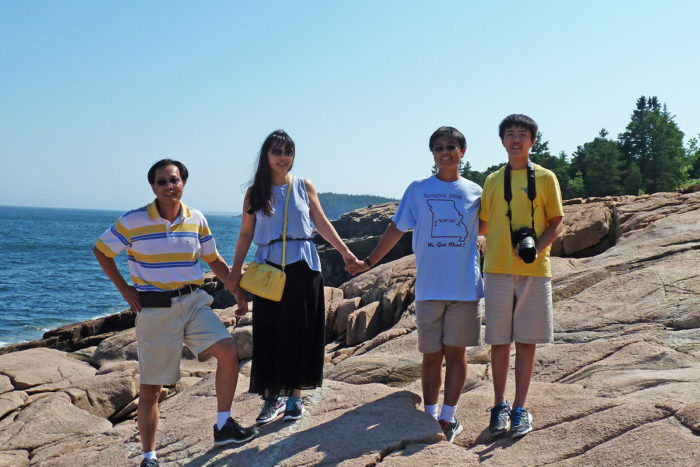 Li Ding, PhD, and her family on vacation earlier this year in Acadia National Park. From left, her husband, Feng Chen, PhD, Ding, and their sons, Justin, 16, and Winston, 13.