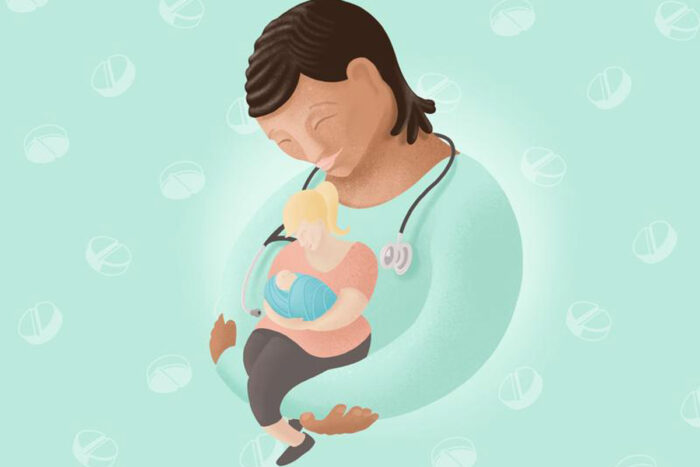 Illustration shows a woman with a stethoscope cradling a woman who is cradling a baby.