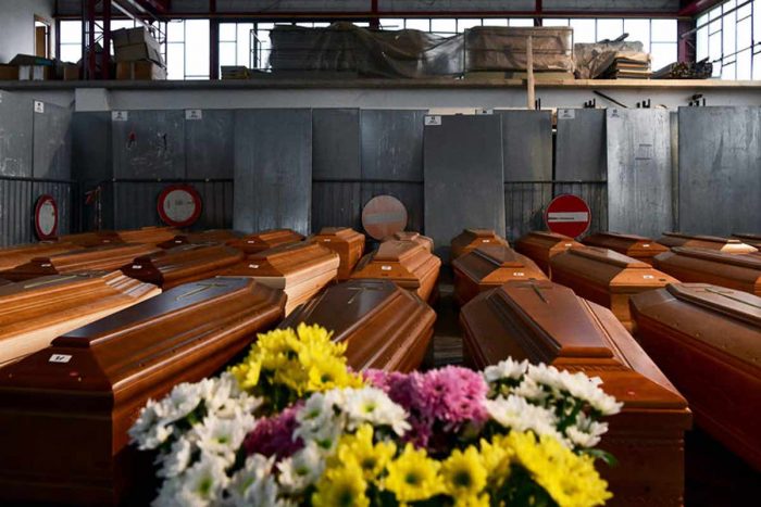 Coffins of deceased people stored in a warehouse near Bergamo — a city at the heart of Italy's coronavirus crisis — before being transported to another region for cremation.