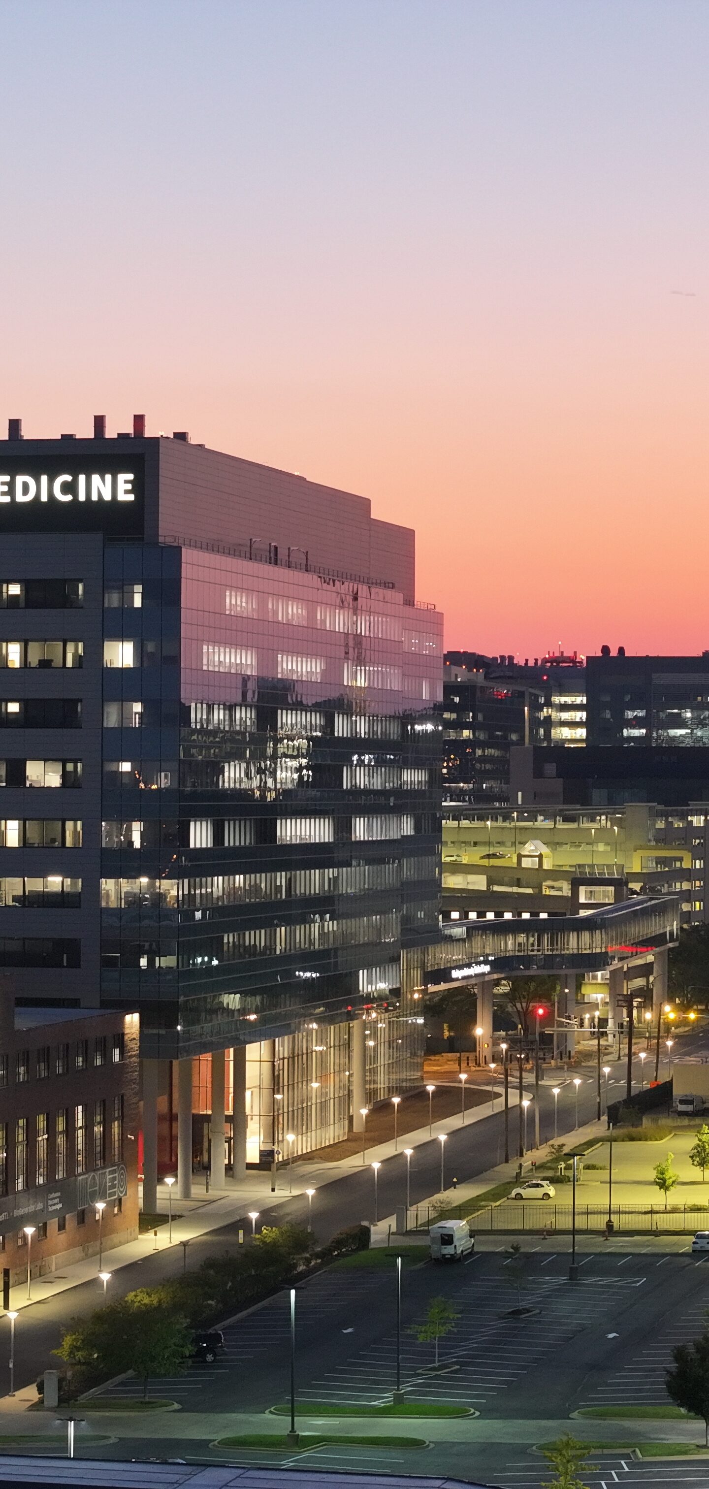 Neuroscience Research Building at sunset