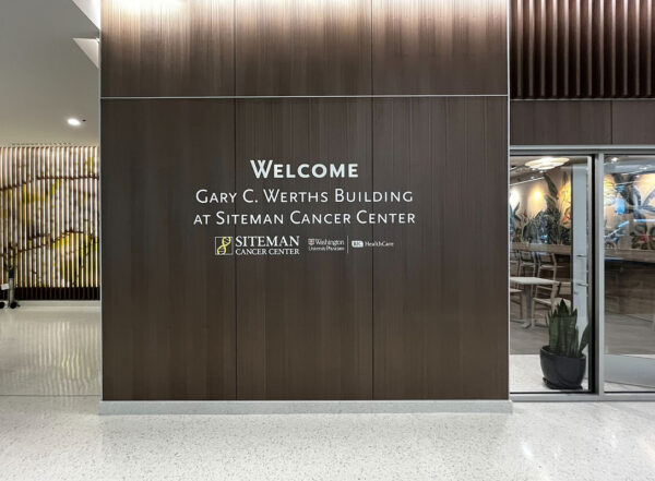 New signage in the lobby of the Gary C. Werths building welcomes patients