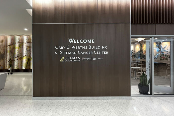 New signage in the lobby of the Gary C. Werths building welcomes patients