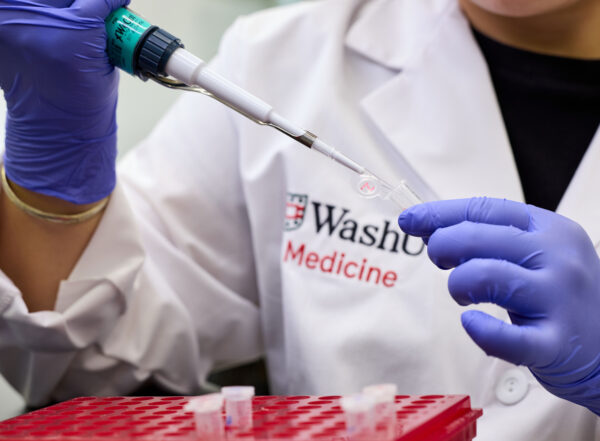 Close-up of a scientist's hands pipetting.