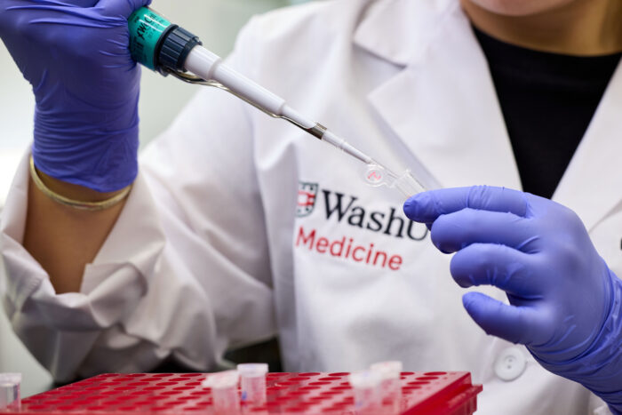 Close-up of a scientist's hands pipetting.