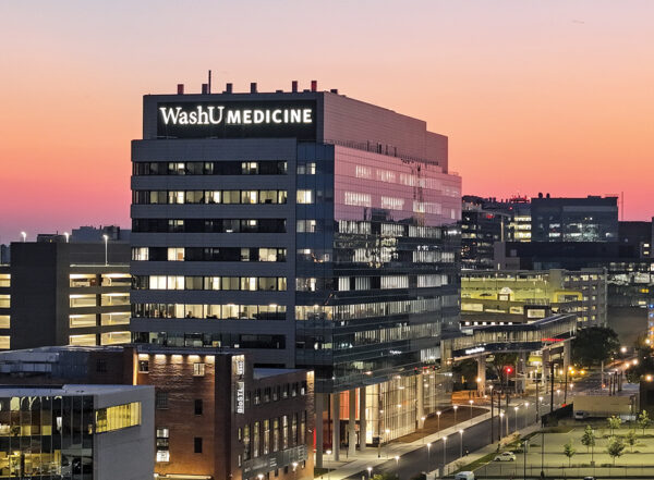 Fort Labs outside Neuroscience Research Building at WashU Medicine at sunset