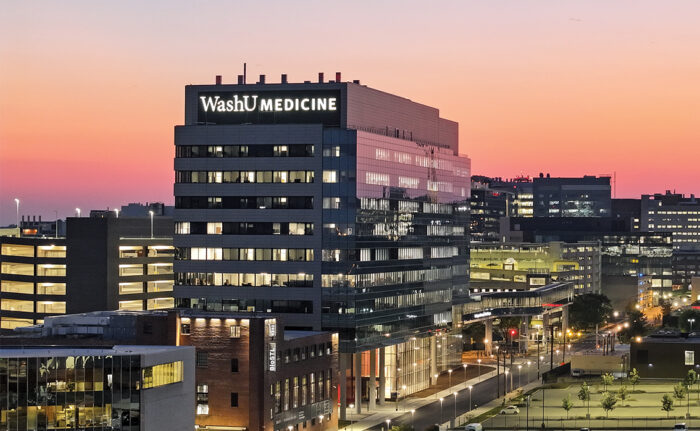 Fort Labs outside Neuroscience Research Building at WashU Medicine at sunset