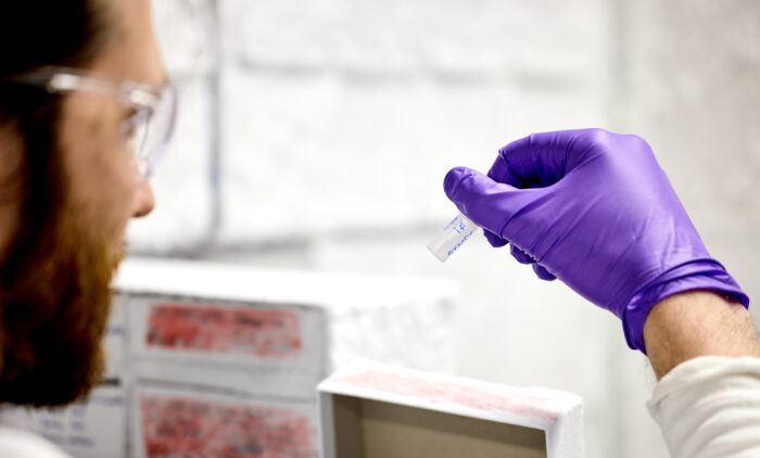 Frozen samples for Alzheimer’s Disease research are pulled from a freezer in the lab of Randy Bateman, MD, on January 4, 2024, in the Neuroscience Research Building.