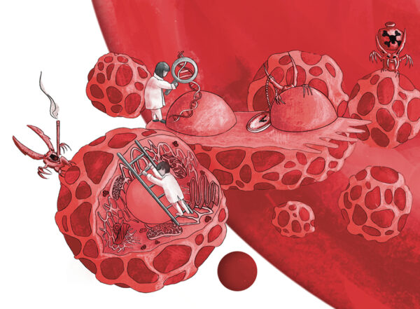 Conceptual illustration of mutated blood stem cells being repaired by scientists