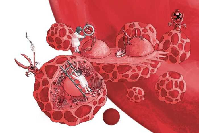 Conceptual illustration of mutated blood stem cells being repaired by scientists