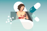An illustration of a new mother and baby in bed with medication brought to bedside