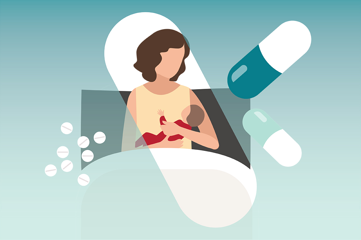 An illustration of a new mother and baby in bed with medication brought to bedside