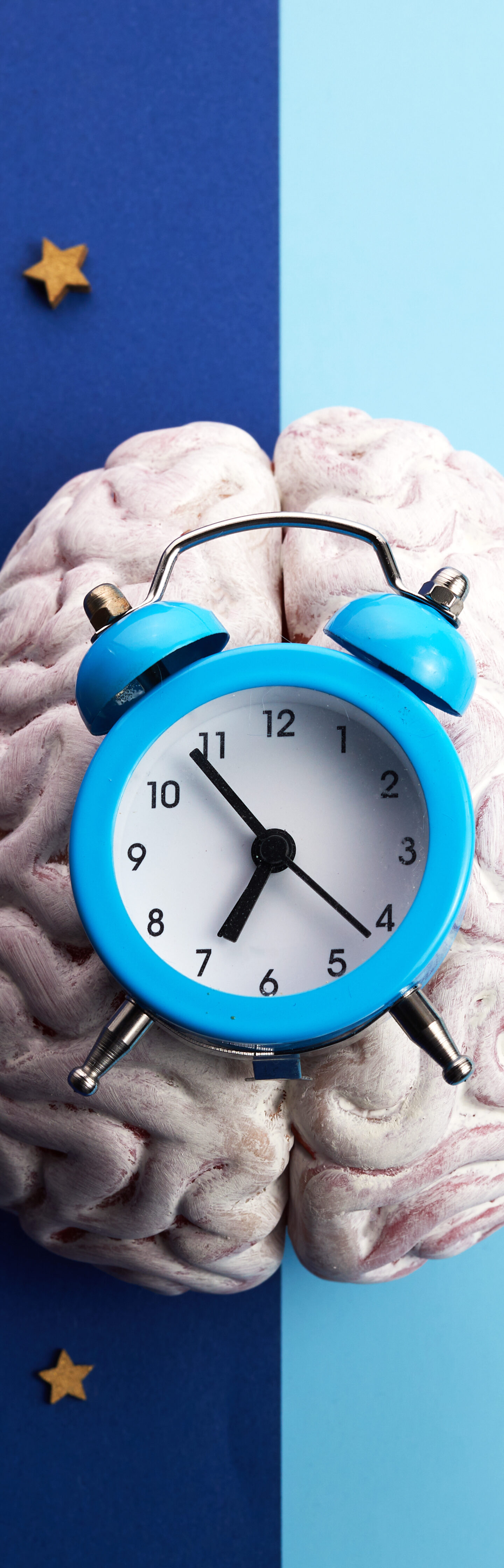 Alarm clock resting on a brain with a split background of night sky with stars and day sky with clouds