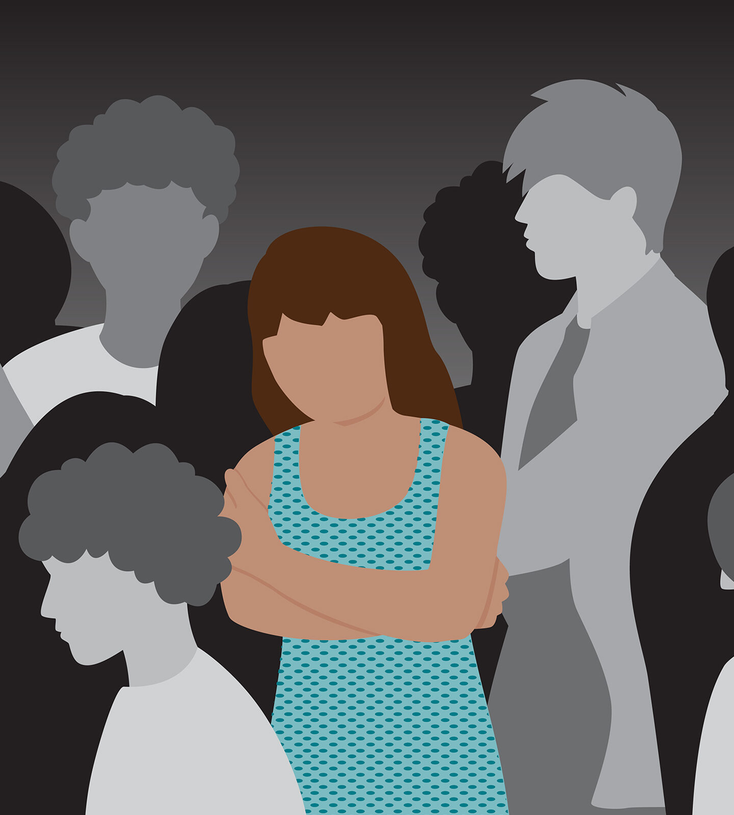 Illustration of adolescent girl with arms crossed isolated in a crowd of peers