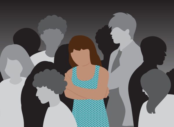 Illustration of adolescent girl with arms crossed isolated in a crowd of peers