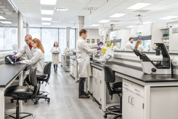 Scientists in white coats working in a lab