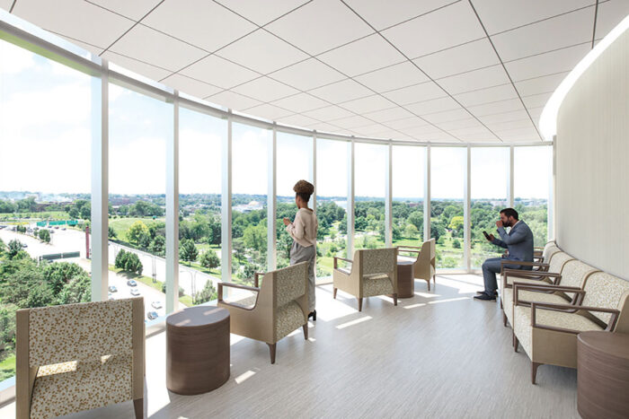 Rendering shows woman looking out window toward Forest Park