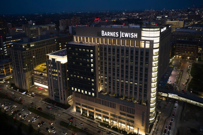 Night time view of Barnes-Jewish Hospital's Plaza West Tower