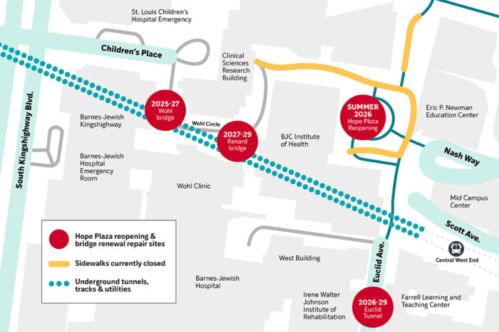 Map of WashU Medical Campus that displays construction zones to expect the next few years