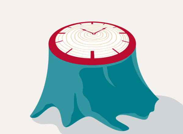An illustration of a tree stump with a clock on top