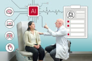 Photo illustration doctor with patient and AI graphics.