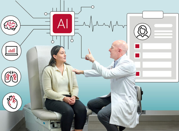 Photo illustration doctor with patient and AI graphics.