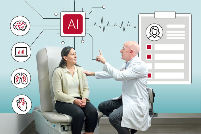 Photo illustration doctor with patient and AI graphics.
