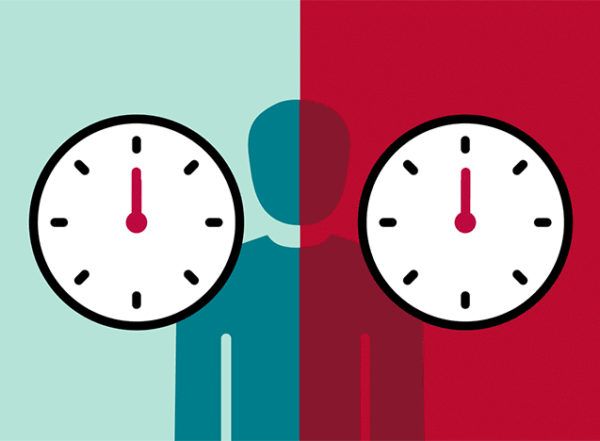 The gif shows to clocks, with the red clock on the right ticking by faster than the green clock on the left to depict faster biological aging.