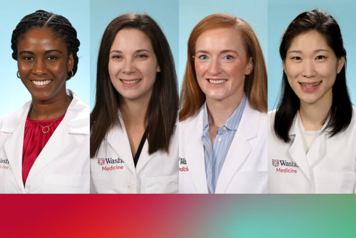 Side-by-side vertical head shots of four early-career physician-scientists who were named Dean's Scholars.