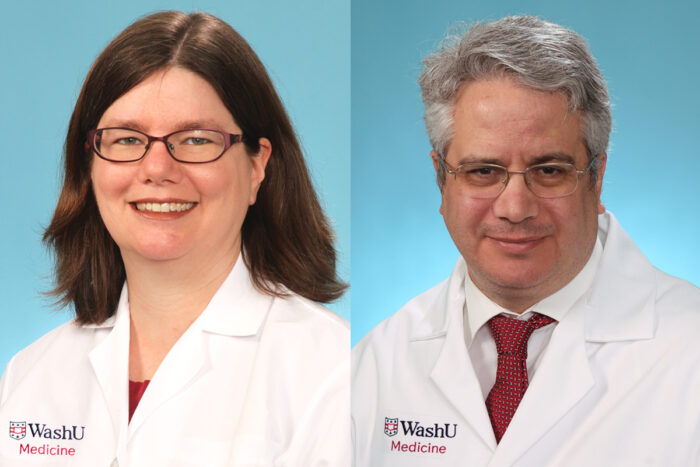 Headshots of a man and woman in medical white coats.