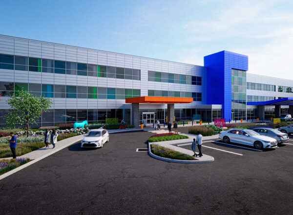 Illustration of building with parking lot.