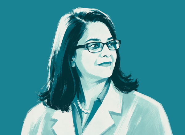 illustration of physician wearing glasses gazing to her left
