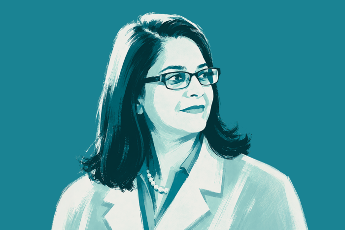 illustration of physician wearing glasses gazing to her left