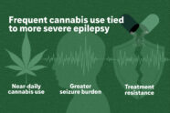 A graphic titled Frequent cannabis use tied to more severe epilepsy. The illustration shows a cannabis leaf indicating near-daily use, a person's head with brain activity spikes indicating seizure burden and a broken pill indicating treatment resistance.